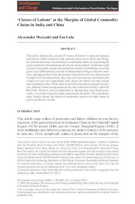 ‘Classes of Labour’ at the Margins of Global Commodity Chains in India and China Thumbnail