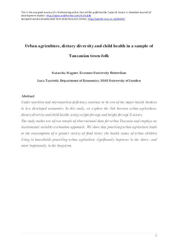Urban agriculture, dietary diversity and child health in a sample of Tanzanian town-folk Thumbnail