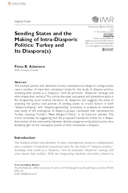 Sending States and the Making of Intra-Diasporic Politics:  Turkey and Its Diaspora(s) Thumbnail