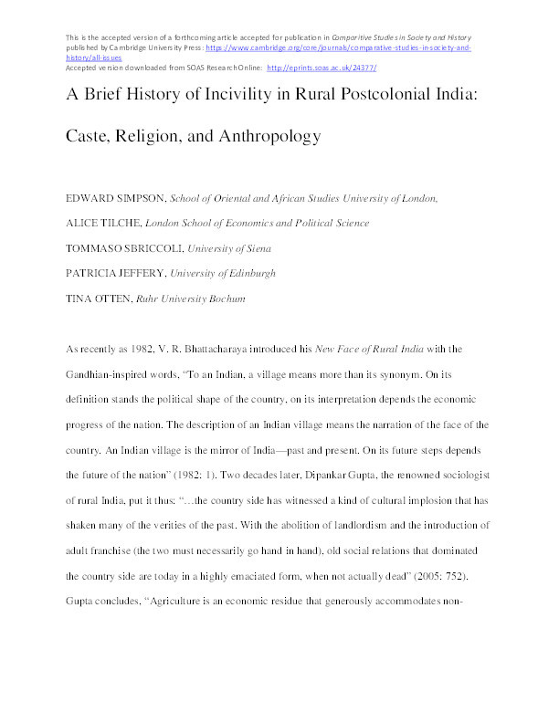 A Brief History of Incivility in Rural Postcolonial India: Caste, Religion, and Anthropology Thumbnail