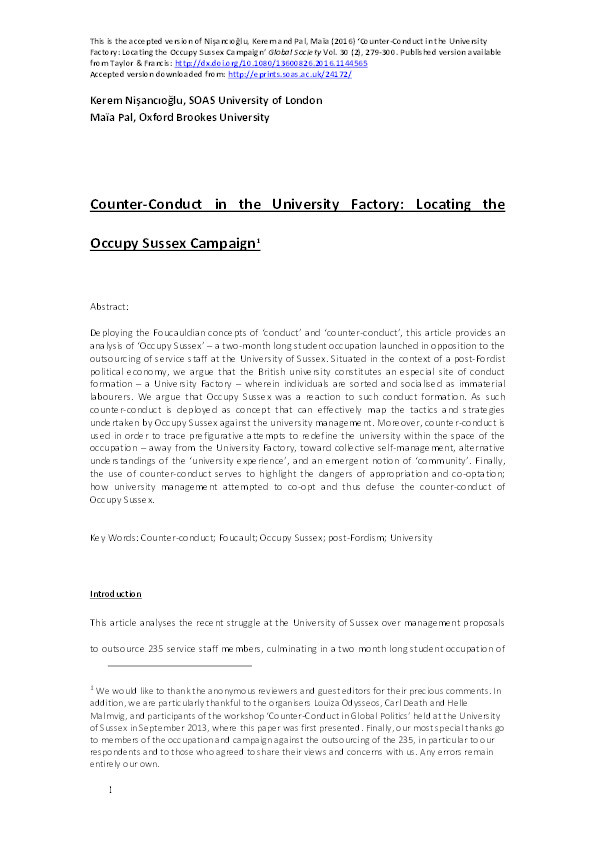 Counter-Conduct in the University Factory: Locating the Occupy Sussex Campaign Thumbnail
