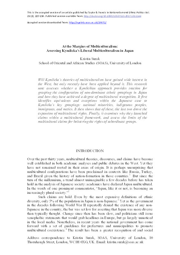 At the Margins of Multiculturalism: Assessing Kymlicka’s Liberal Multiculturalism in Japan Thumbnail