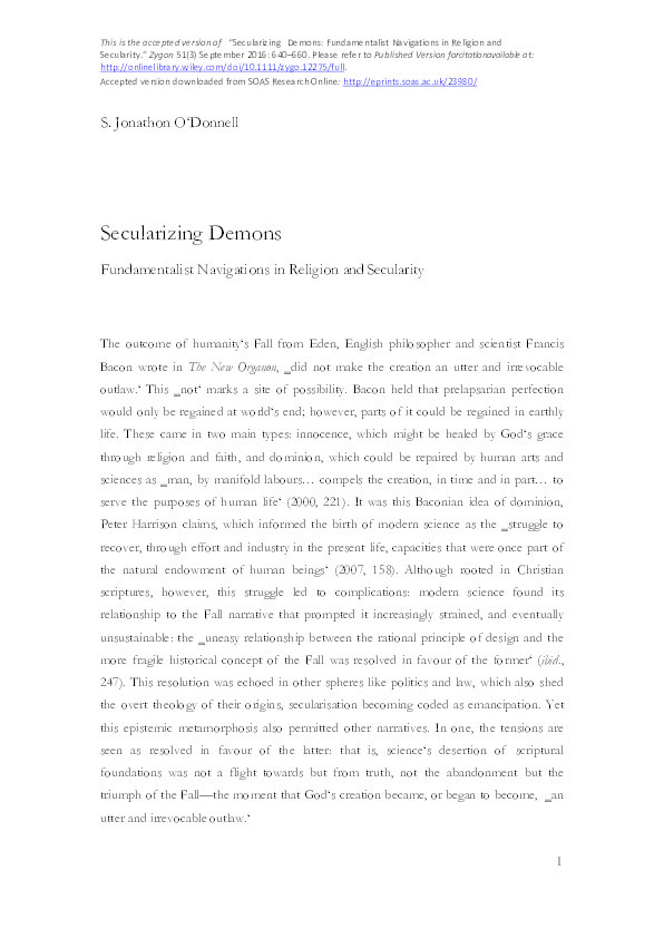 Secularizing Demons: Fundamentalist Navigations in Religion and Secularity Thumbnail