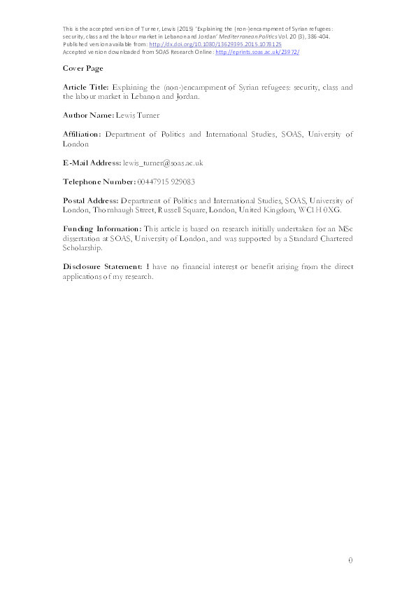 Explaining the (Non-)Encampment of Syrian Refugees: Security, Class and the Labour Market in Lebanon and Jordan Thumbnail