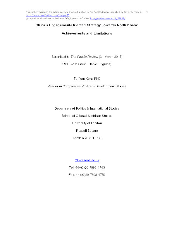 China's Engagement-Oriented Strategy Towards North Korea: Achievements and Limitations Thumbnail