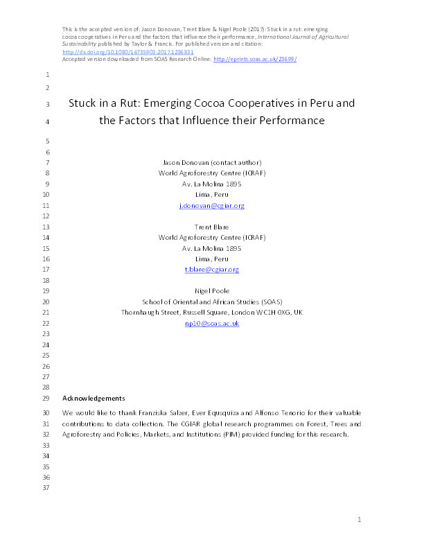 Stuck in a rut: emerging cocoa cooperatives in Peru and the factors that influence their performance Thumbnail