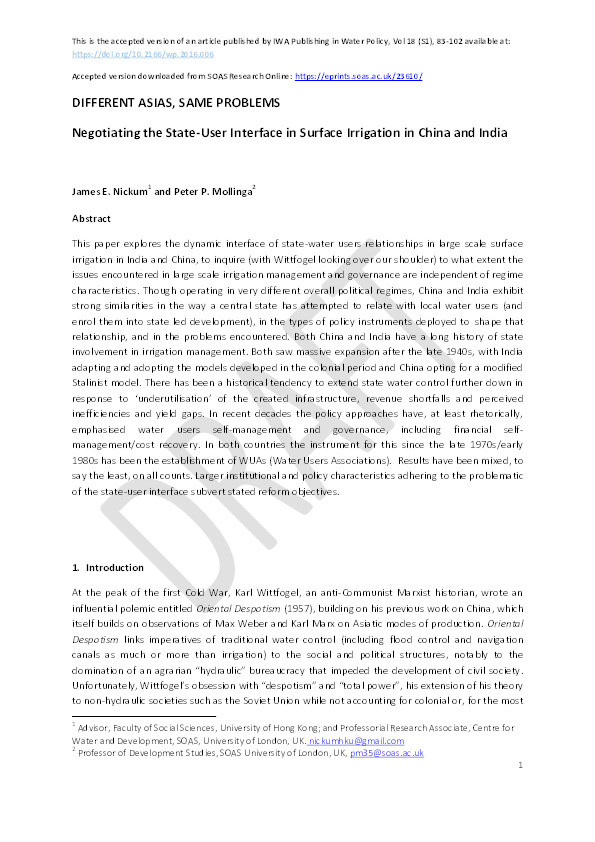 Different Asias, same problems: negotiating the state-user interface in surface irrigation in China and India Thumbnail