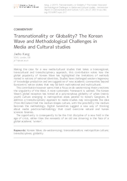 Transnationality or Globality? The Korean Wave and Methodological Challenges in Media and Cultural studies Thumbnail