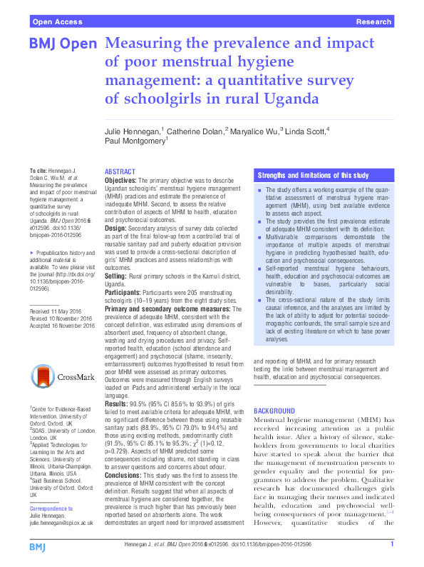 Measuring the prevalence and impact of poor menstrual hygiene management: a quantitative survey of schoolgirls in rural Uganda Thumbnail