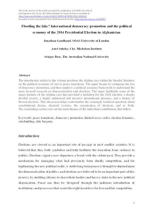 Flooding the lake? International democracy promotion and the political economy of the 2014 presidential election in Afghanistan Thumbnail