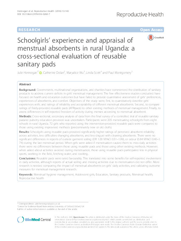 Schoolgirls’ experience and appraisal of menstrual absorbents in rural Uganda: a cross-sectional evaluation of reusable sanitary pads Thumbnail