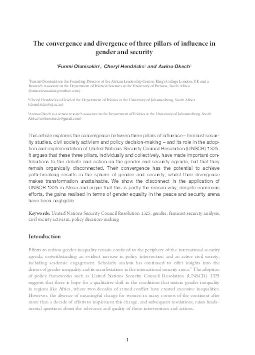 The convergence and divergence of three pillars of influence in gender and security Thumbnail