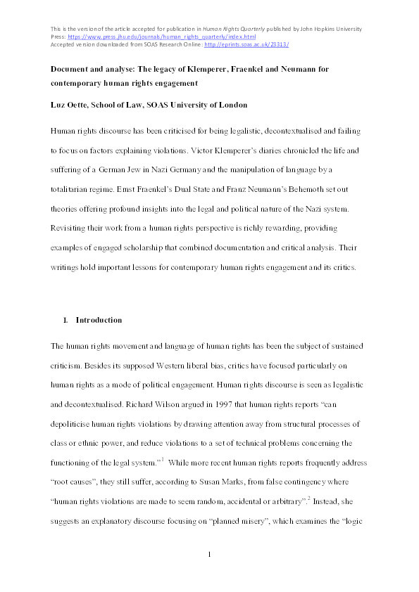 Document and Analyze: The Legacy of Klemperer, Fraenkel and Neumann for Contemporary Human Rights Engagement Thumbnail