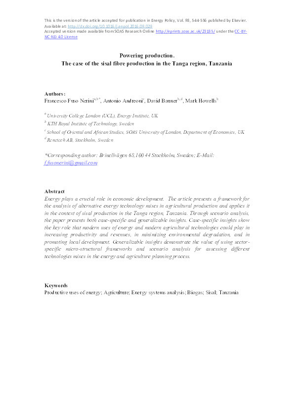 Powering production. The case of the sisal fibre production in the Tanga region, Tanzania Thumbnail
