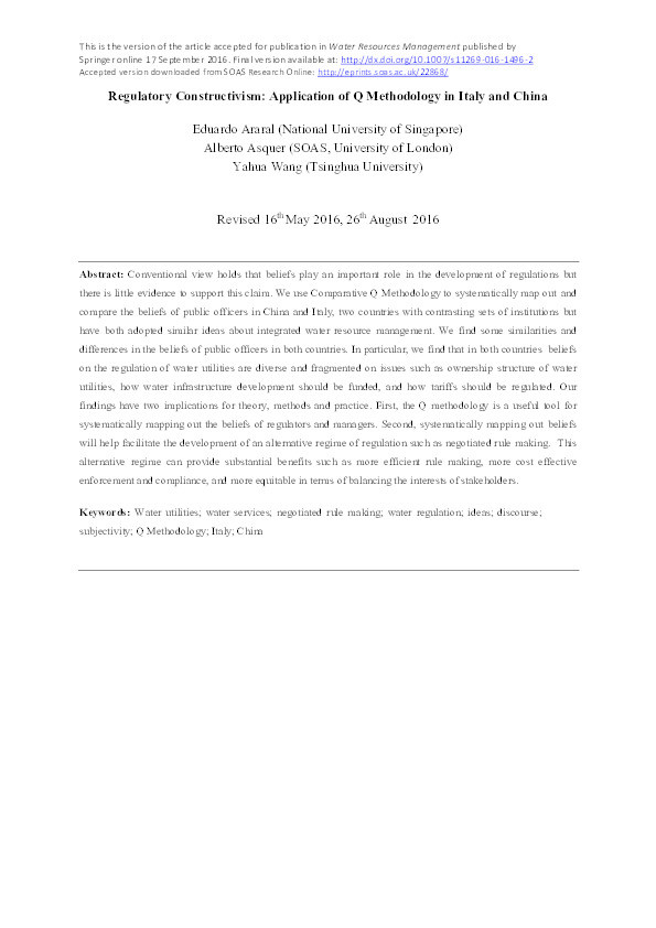 Regulatory Constructivism: Application of Q Methodology in Italy and China Thumbnail