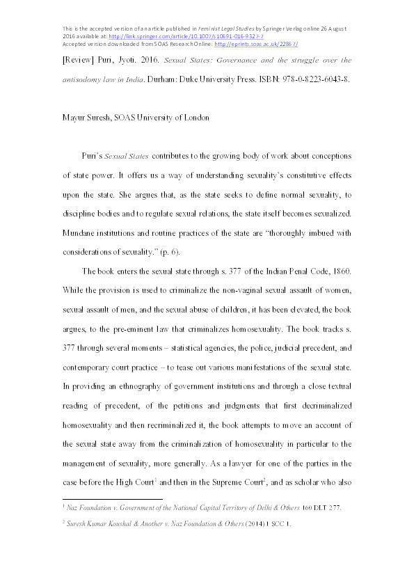 Review of: Puri, Jyoti. 2016. Sexual States: Governance and the struggle over the antisodomy law in India. Durham: Duke University Press. Thumbnail