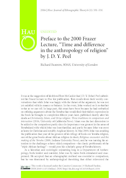 Preface to the 2000 Frazer Lecture, “Time and difference in the anthropology of religion” by J. D. Y. Peel Thumbnail