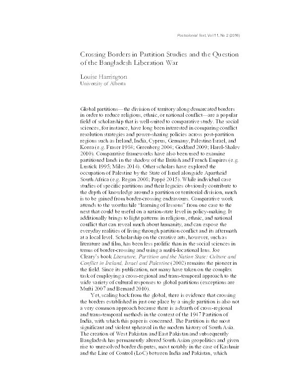 Crossing Borders in Partition Studies and the Question of the Bangladesh Liberation War Thumbnail