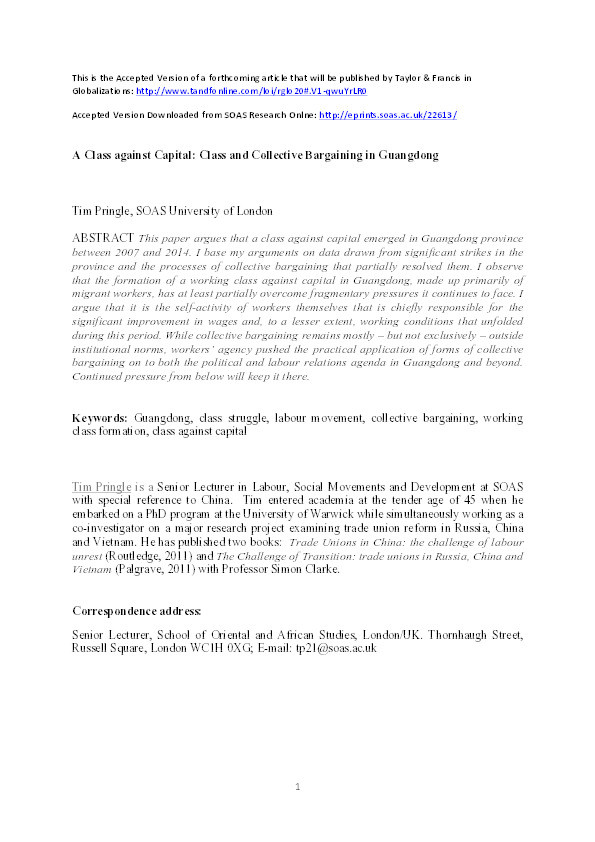A Class against Capital: Class and Collective Bargaining in Guangdong Thumbnail
