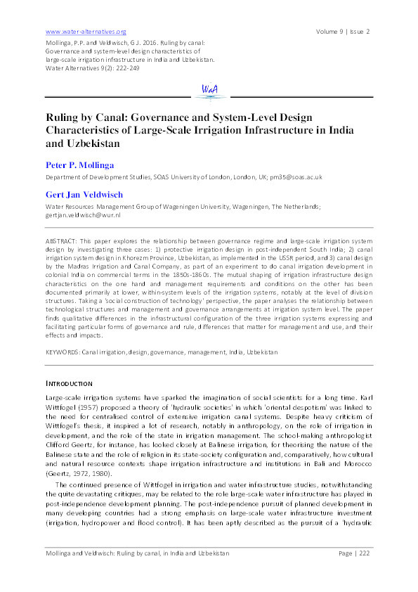Ruling by canal: Governance and system-level design characteristics of large scale irrigation infrastructure in India and Uzbekistan Thumbnail