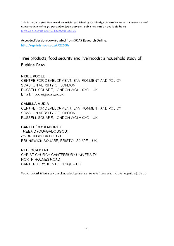 Tree products, food security and livelihoods: a household study of Burkina Faso Thumbnail
