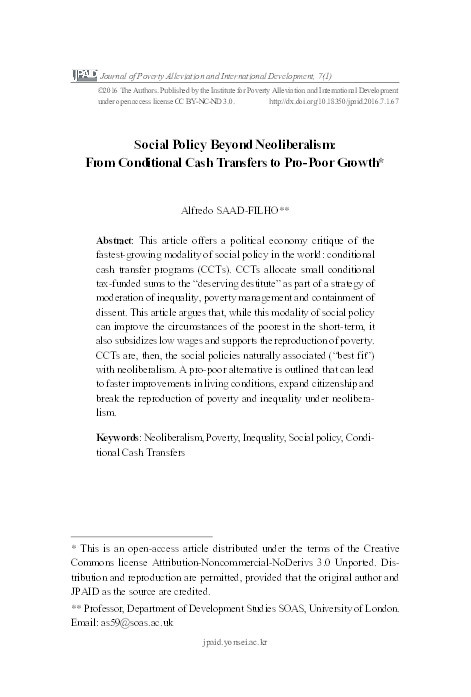 Social Policy beyond Neoliberalism: From Conditional Cash Transfers to Pro-Poor Growth Thumbnail