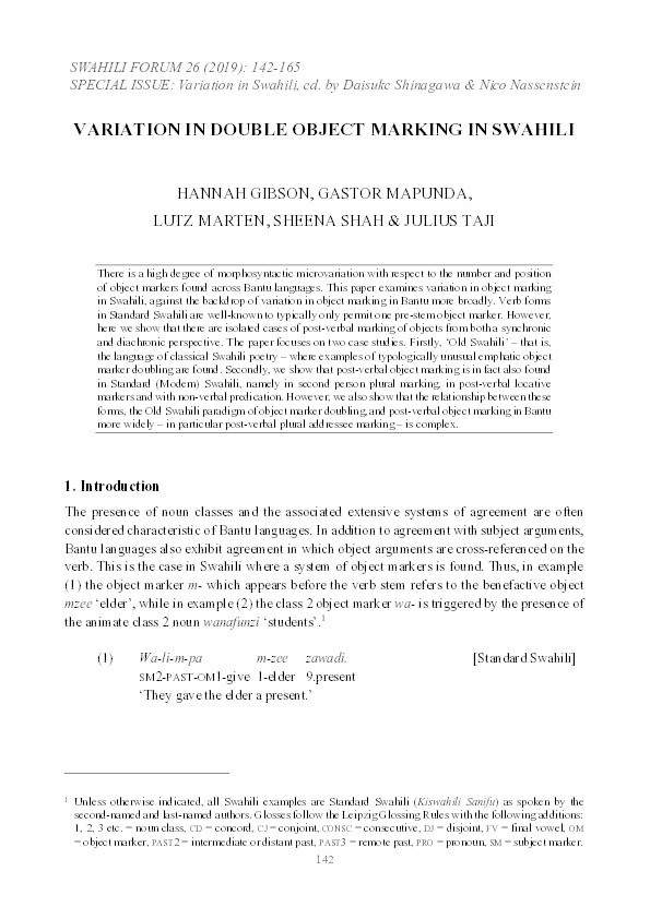 Variation in double object marking in Swahili Thumbnail