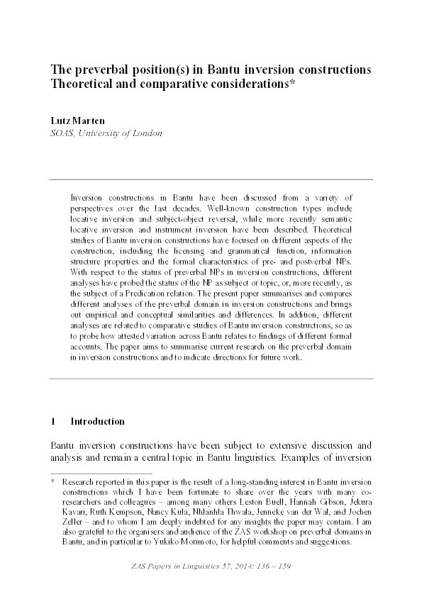 The preverbal position(s) in Bantu inversion constructions: Theoretical and comparative considerations Thumbnail
