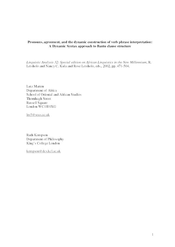 Pronouns, agreement, and the dynamic construction of verb phrase interpretation: A Dynamic Syntax approach to Bantu clause structure Thumbnail