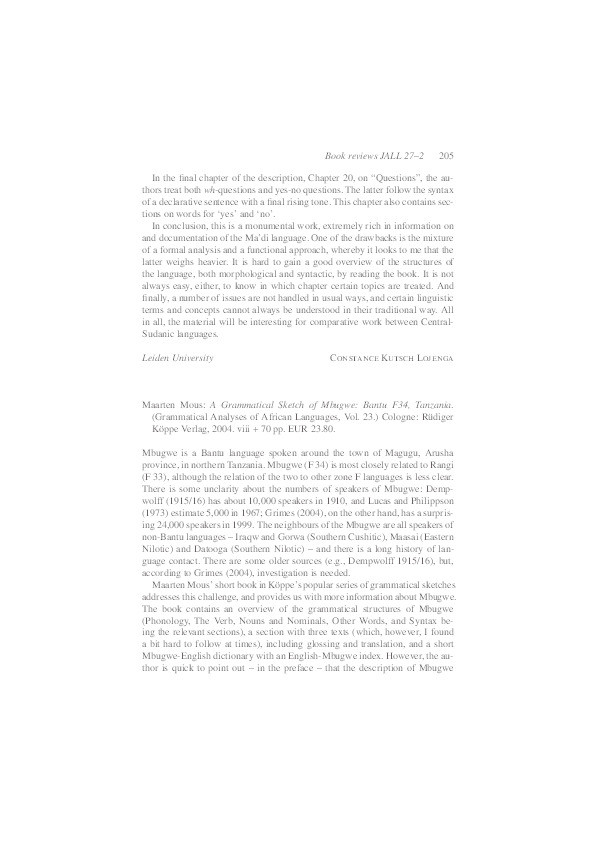 Review: 'A Grammatical Sketch of Mbugwe: Bantu F34, Tanzania' by Maarten Mous, Thumbnail