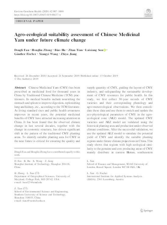 Agro-ecological suitability assessment of Chinese Medicinal Yam under future climate change Thumbnail
