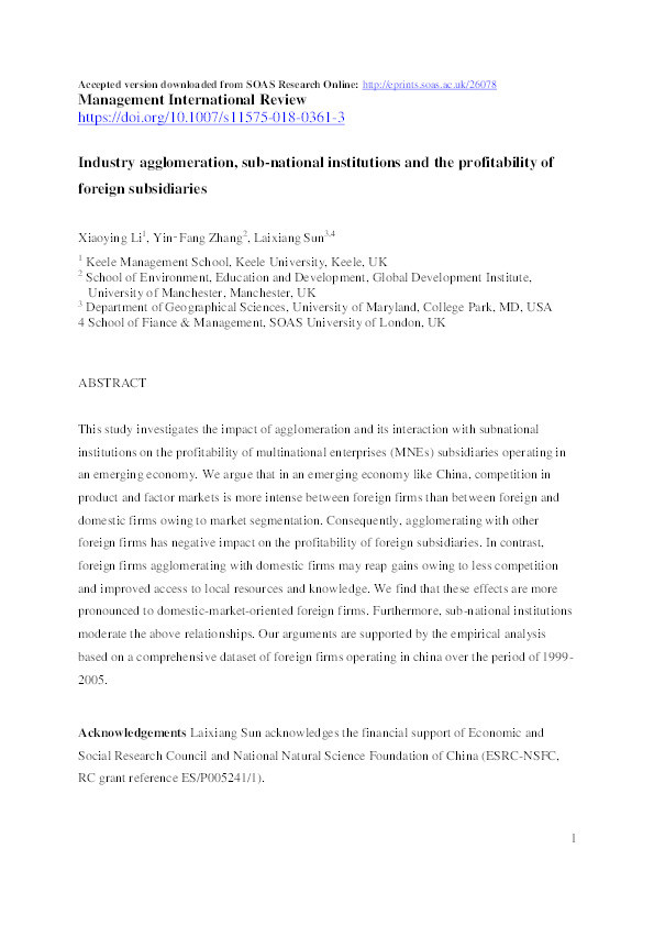 Industry agglomeration, sub-national institutions and the profitability of foreign subsidiaries Thumbnail
