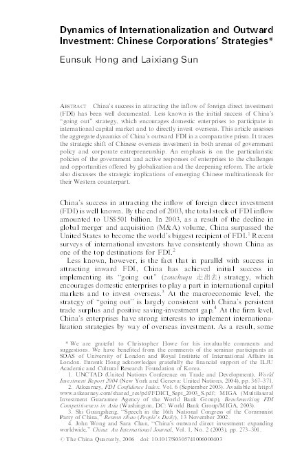 Dynamics of Internationalization and Outward Investment: Chinese Corporations' Strategies Thumbnail