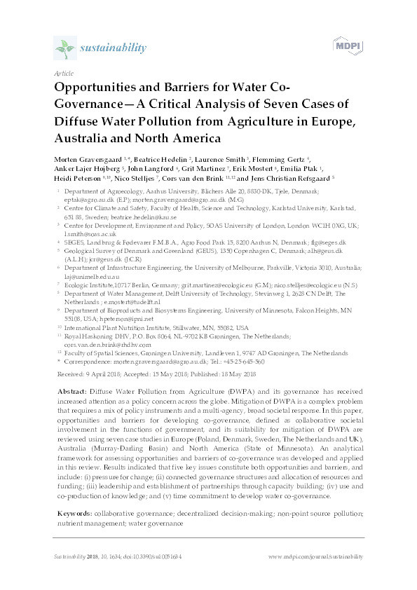 Opportunities and Barriers for Water Co-Governance—A Critical Analysis of Seven Cases of Diffuse Water Pollution from Agriculture in Europe, Australia and North America Thumbnail