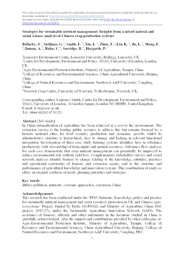 Strategies for sustainable nutrient management: Insights from a mixed natural and social science analysis of Chinese crop production systems Thumbnail