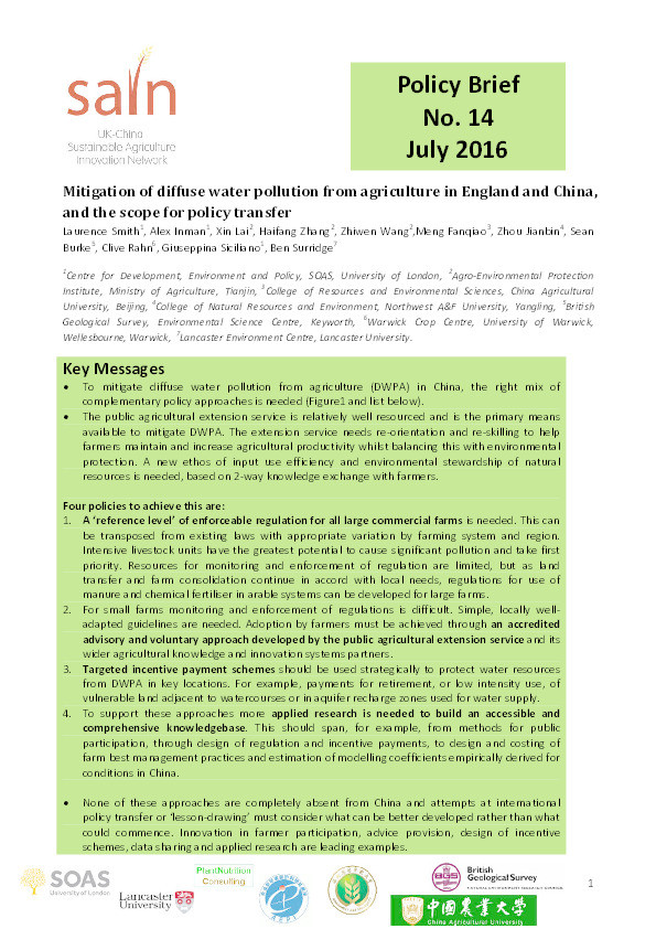 Mitigation of diffuse water pollution from agriculture in England and China, and the scope for policy transfer Thumbnail
