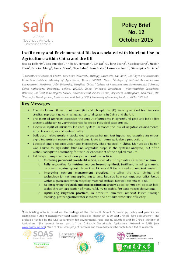 Inefficiency and Environmental Risks associated with Nutrient Use in Agriculture within China and the UK Thumbnail