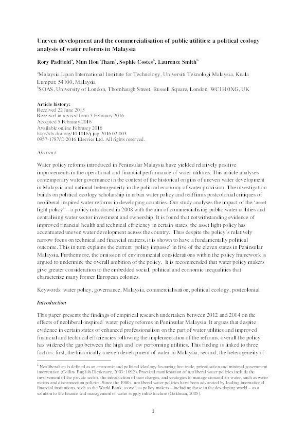 Uneven development and the commercialisation of public utilities: a political ecology analysis of water reforms in Malaysia Thumbnail