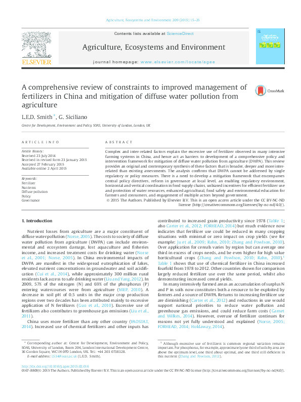 A comprehensive review of constraints to improved management of fertilizers in China and mitigation of diffuse water pollution from agriculture Thumbnail