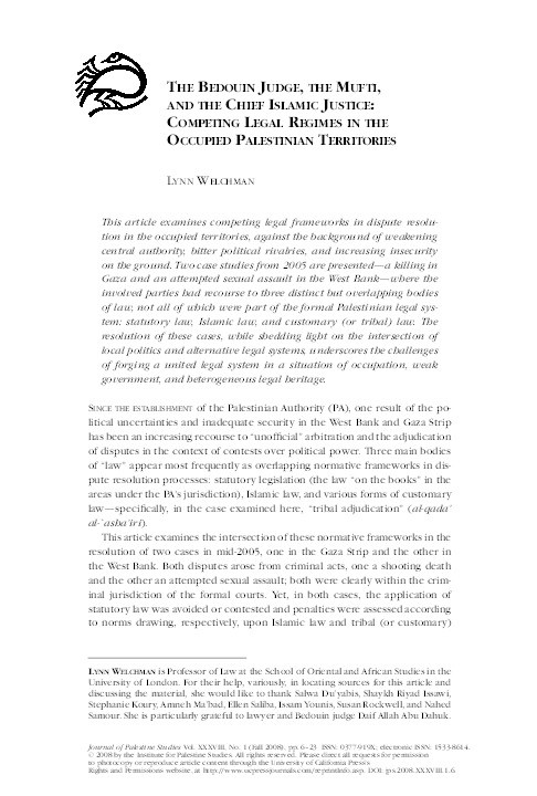 The Bedouin Judge, the Mufti, and the Chief Islamic Justice: Competing Legal Regimes in the Occupied Palestinian Territories Thumbnail