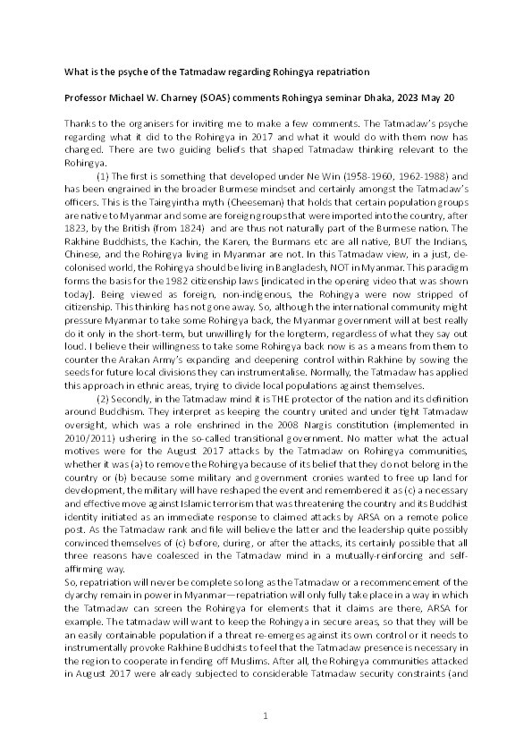 What is the psyche of the Tatmadaw regarding Rohingya repatriation Thumbnail