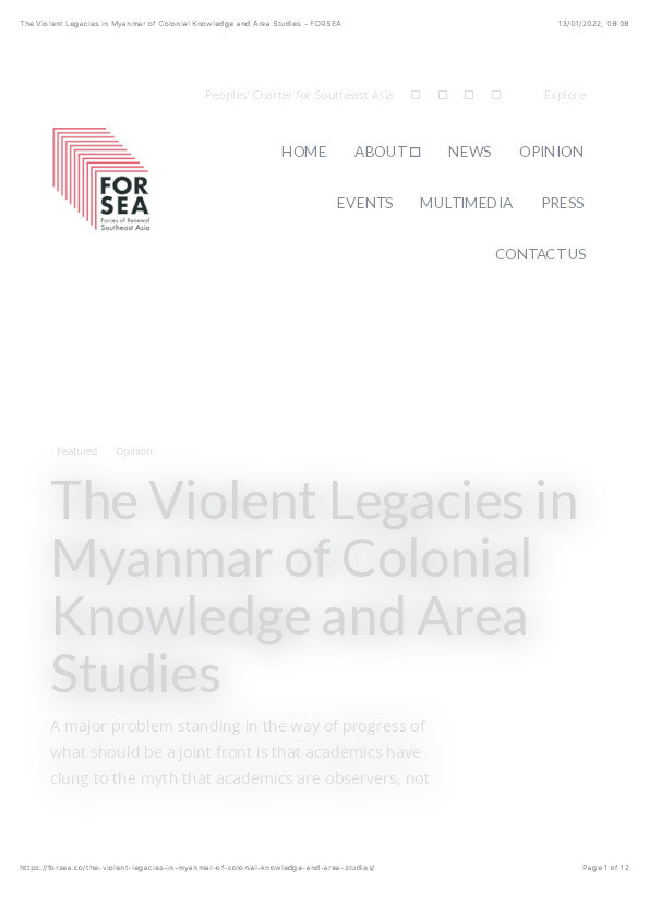 The Violent Legacies in Myanmar of Colonial Knowledge and Area Studies Thumbnail