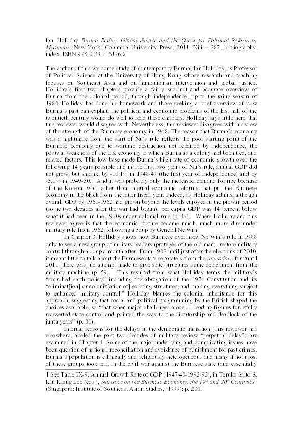 Review of Burma Redux: Global Justice and the Quest for Political Reform in Myanmar by Ian Holliday. Thumbnail