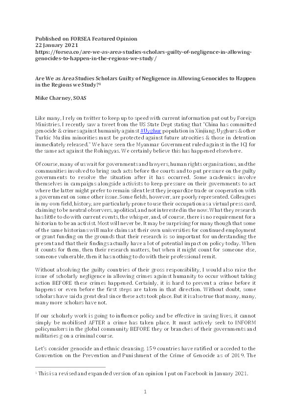 Are We as Area Studies Scholars Guilty of Negligence in Allowing Genocides to Happen in the Regions we Study? Thumbnail
