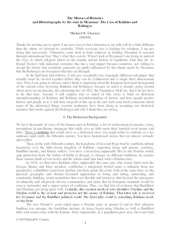 Lecture: The Misuses of Histories and Historiography by the state in Myanmar: The Case of Rakhine and Rohingya Thumbnail