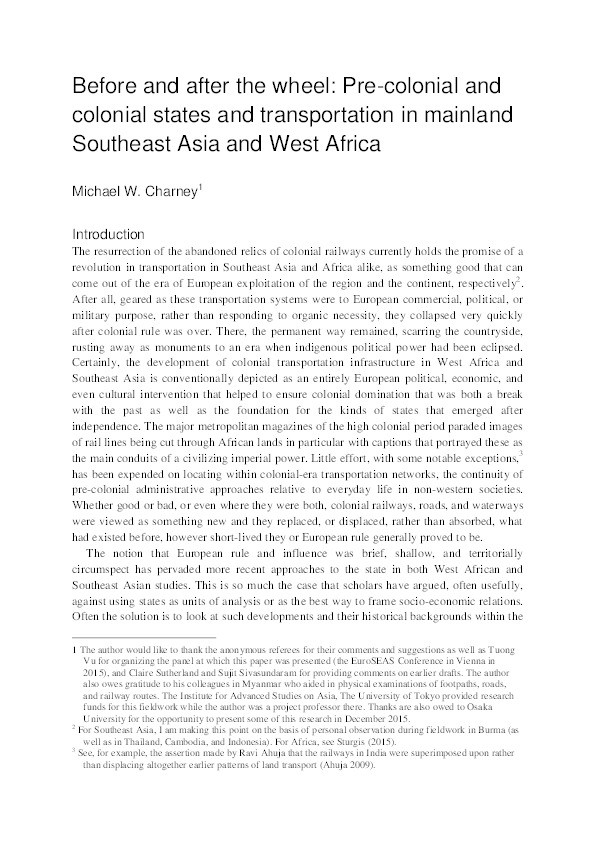 Before and After the Wheel: Precolonial and Colonial States and Transportation in Mainland Southeast Asia and West Africa Thumbnail