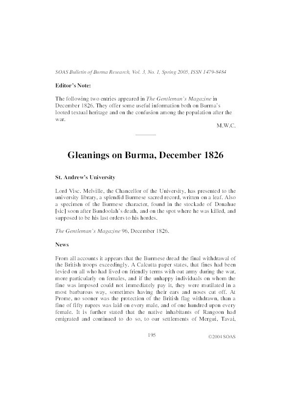 Gleanings on Burma, December 1826, edited by Michael W. Charney Thumbnail