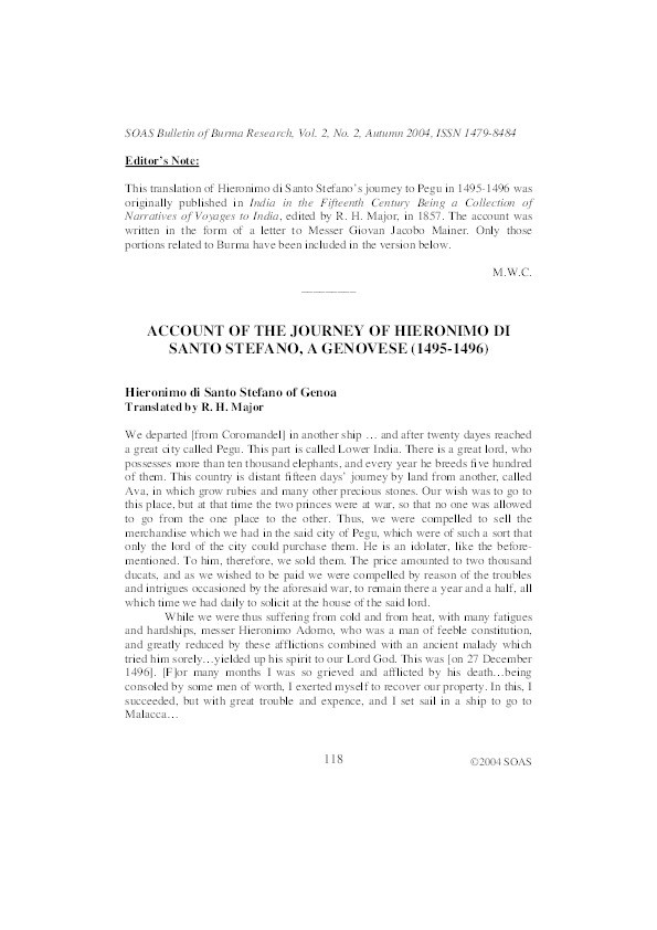 Account of the Journey of Hieronimo di Santo Stefano, a Genovese (1495-1496) edited by R. H. Major, re-edited and introduced by Michael W. Charney Thumbnail