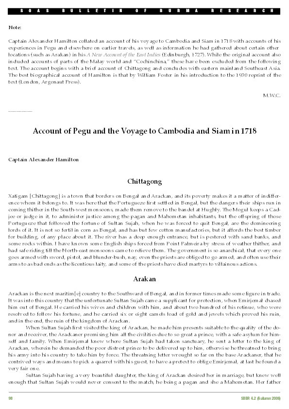 Account of Pegu and the Voyage to Cambodia and Siam in 1718 by Alexander Hamilton, edited by Michael W. Charney Thumbnail