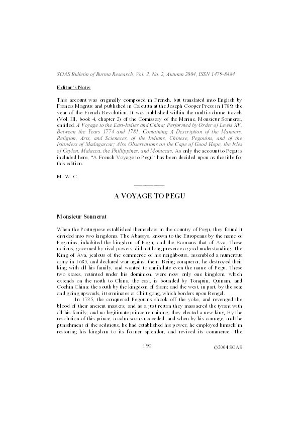 A Voyage to Pegu by Monsieur Sonnerat, edited by Michael W. Charney Thumbnail